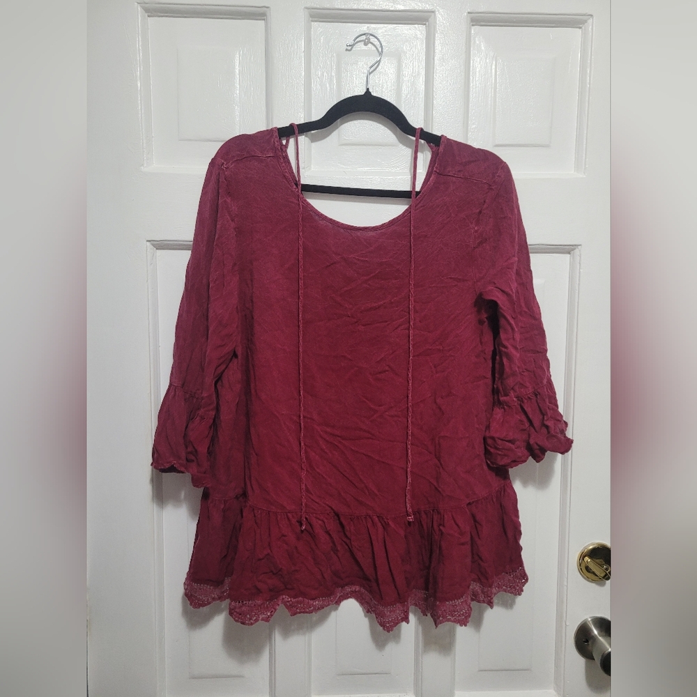 Altar'd State Deep Red Lace Hem Blouse Rayon